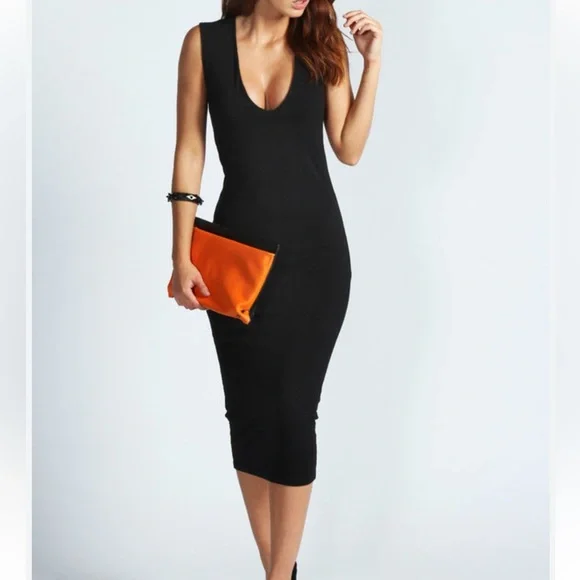 Boohoo Little Black Dress / Plunge Neck Bodycon Midi Dress for ladies size 2 - Picture 1 of 12